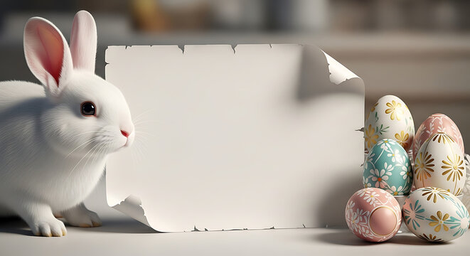 White rabbit with colorful Easter eggs and torn paper sign transparent background