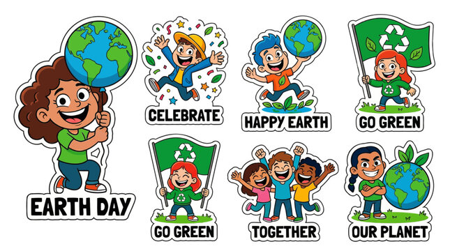 Earth Day celebration cartoon sticker set flat vector featuring diverse children with world globe recycle flag go green slogans and happy kids together for environment awareness and protection