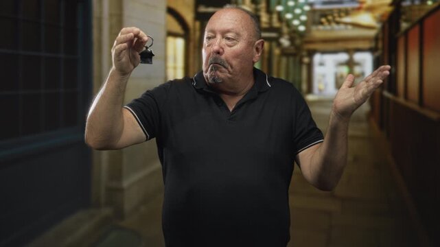 Man holding home keys up in right hand while shrugging and inspecting keychain in building corridor with lights; lost confusion.