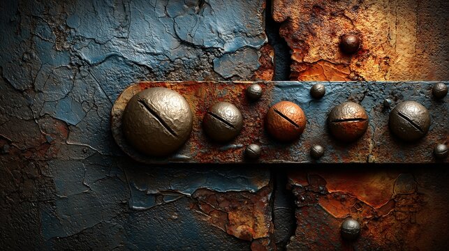 A close-up of a rusty metal plate with large bolts on a textured blue and brown surface. The paint is peeling and the metal is corroded showing age.