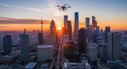 Fototapeta premium Aerial drone flying over modern cityscape at sunset with buildings