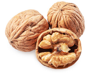 Whole walnuts and peeled walnut half isolated on white background, maximum sharpness of stacking...