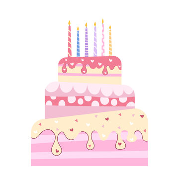 Big birthday cake with six burning candles and pink frosting. Flat cartoon illustration of sweet dessert for kids party and celebration. Handdrawn festive element isolated on white background