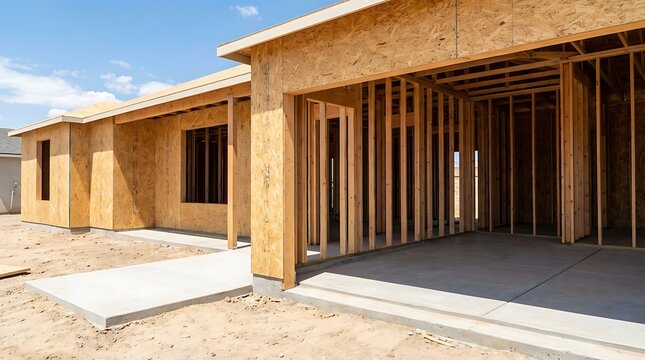 Framing Stage of a Modern House Construction Featuring Oriented Strand Board Walls and Concrete Foundation Slab on a Sunny Day