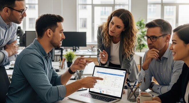 Business team collaborating around a laptop discussing financial data in office
