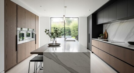 Fototapeta premium Modern kitchen interior design with island and cabinets in neutral tones