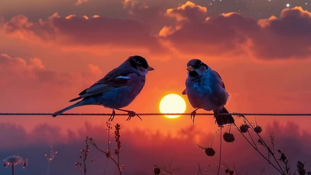 Two birds perched on a wire against a vibrant orange sunset background with clouds and plants 4k video