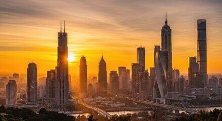 Obraz premium Cityscape at sunset modern skyscrapers silhouetted against a golden sky