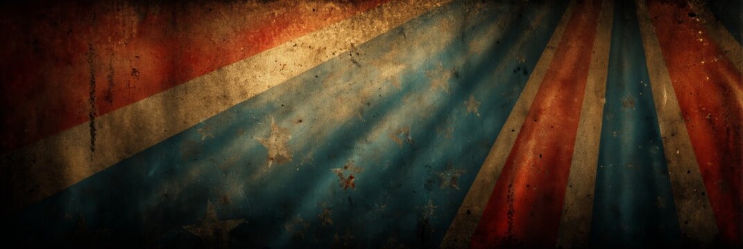 A weathered vibrant circus tents texture, waves against a rustic wooden background, colors faded. Nostalgic scene, wonder, excitement, childhood memories.