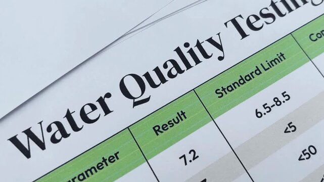 Water Quality Test report 4k footage with table showing values, healthy, water report.