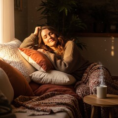 Obraz premium Cozy home atmosphere with woman relaxing on couch surrounded by soft pillows and warm blankets. Comfortable setting includes steaming cup of coffee on table for peaceful moments.