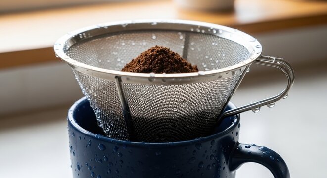 Coffee grounds in a metal strainer over blue mug with water dripping down. Coffee preparation includes grounds filtered through strainer into mug. Concept coffee making for home brewing experience.