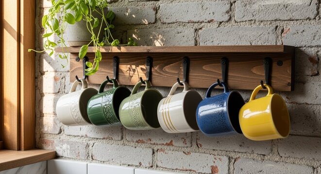 Colorful mugs hanging on wooden rack with plant near window in cozy kitchen. Beautiful mugs display includes green, blue, yellow, and white colors perfect for home decor.