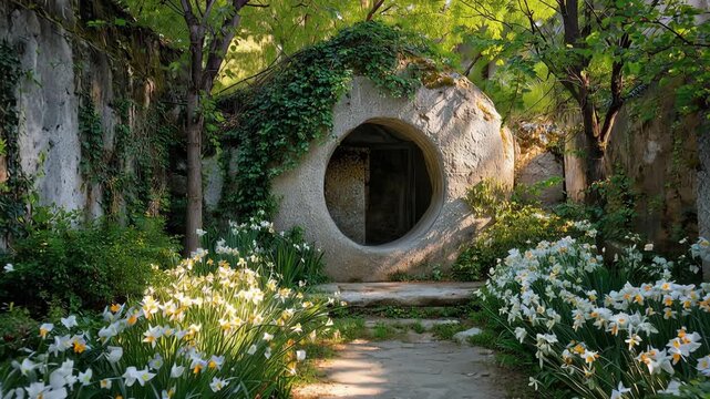 Tranquil Garden Scene With Blooming White Flowers Surrounding Unique Circular Stone Archway Framed By Lush Green Foliage And Trees In Soft Sunlight