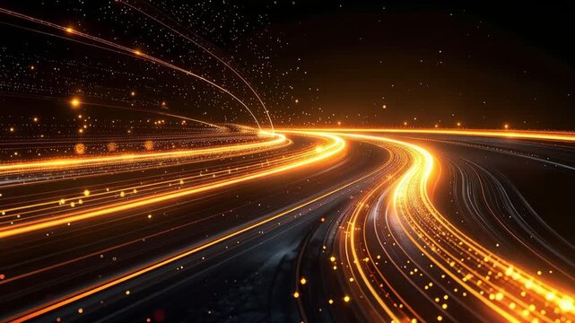 Abstract Technology Path: Dynamic trails of glowing light streak through the darkness, symbolizing the fast-paced evolution of technology and the digital age.