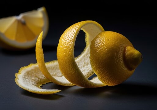 A fresh lemon with a long spiral peel against a black background