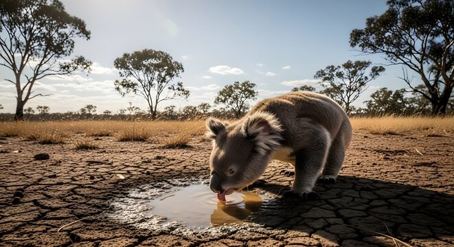 Thirsty koala drinking water in drought stricken australia a wildlife conservation image