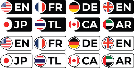 Vector set of language selection buttons with country flags and codes for website design © Inovo Lab