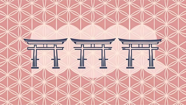 Japanese torii gates pattern with traditional hemp leaf asanoha geometric background in pink and white