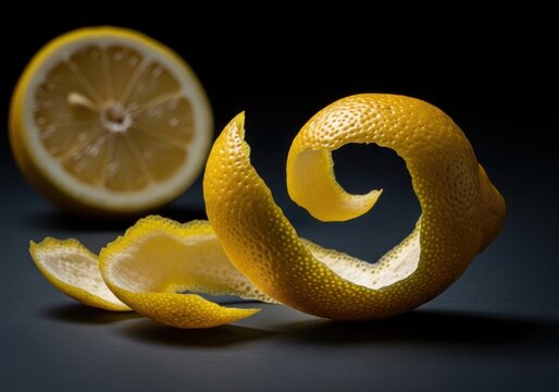 Fresh lemon peel spiral twist with a halved lemon
