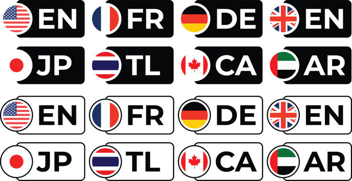 Vector set of language selection buttons with country flags and codes for website design