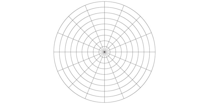 Coaching tool. Polar grid of 10 segments and 5 concentric circles. Circle diagram of lifestyle balance. Wheel of life template. Vector blank polar graph paper. Blank.