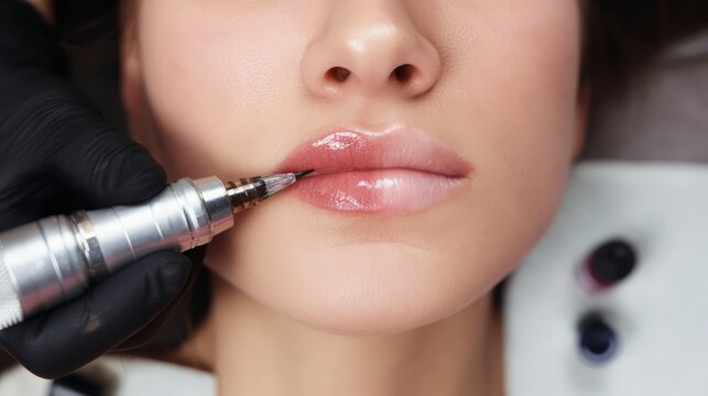Lip blush semi-permanent makeup procedure using a rotary PMU pen.