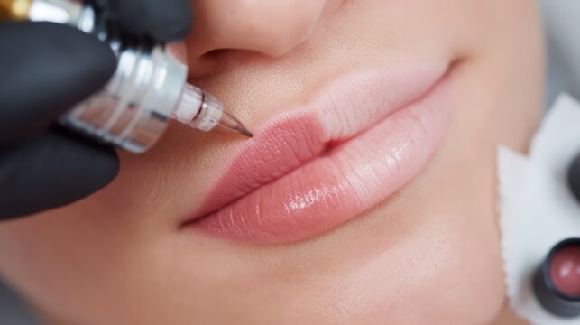 Lip blush semi-permanent makeup procedure using a rotary PMU pen.