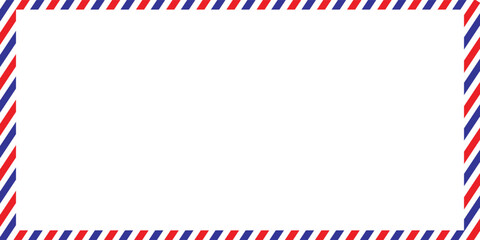 Fototapeta premium Airmail Envelope frame images with strips. International vintage letter border. Retro air mail postcard with blue and red stripes. Empty classic postal frame.