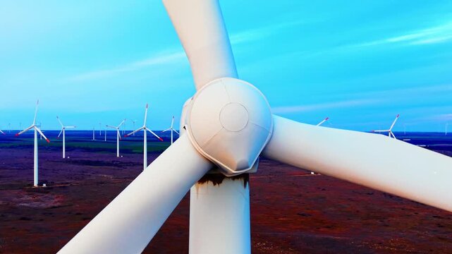 Aerial view of the central hub of a wind turbine showing the blades attachment and technical sensors on top. Close up of wind turbine hub with anemometer.