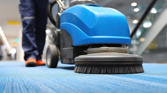 Person cleaning blue carpet with professional floor scrubber machine in building