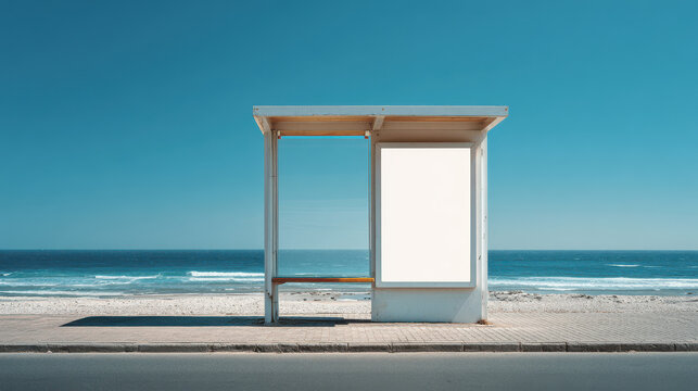 Bus stop shelter with blank vertical billboard on a sunny beach background