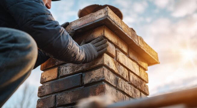 Worker in gloves repairing brick chimney on roof of house