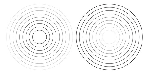 Fototapeta premium Black concentric circle set. Sonar or sound wave ring collection. Dotted and linear epicentre, target, radar icon concept. Ripple radial signal or vibration elements. Vector line and halftone symbols