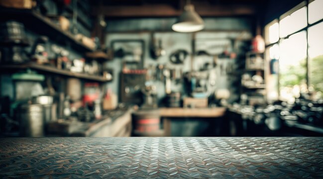Empty metal diamond plate workbench in blurred auto repair shop workshop