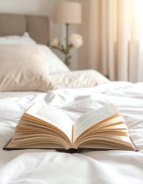 Open book on a white, rumpled bed with pillows and a bedside lamp in the background
