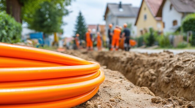 Orange fiber optic cables near trench at construction site in residential area