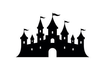 Obraz premium A black silhouette of a medieval castle with towers and flags on a white background