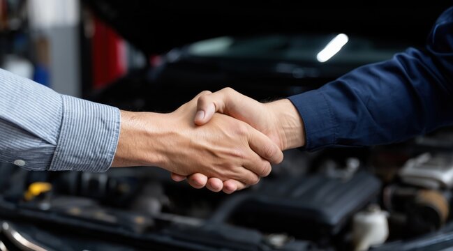 Close up of two men shaking hands over open car hood in auto repair shop