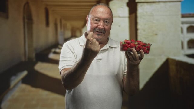 Man senior hispanic holding container of strawberries while showing middle finger to camera in sunlit building corridor; defiance.