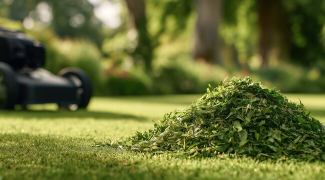 Fresh green grass clippings pile on backyard lawn with lawnmower in background