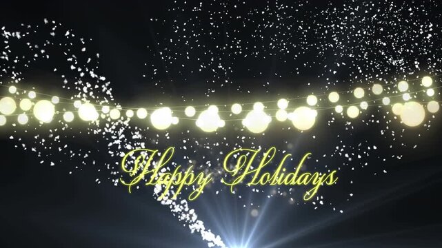 Animation of happy holidays text over light spots