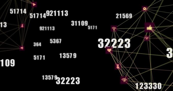 Animation of network of connections with icons and numbers on black background
