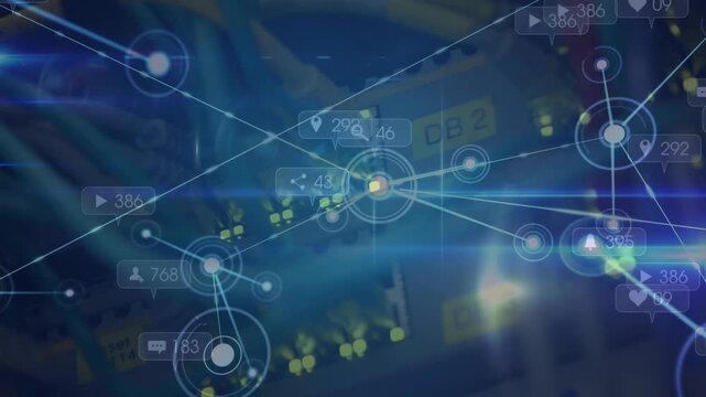 Animation of network of connections and lights over computer wires
