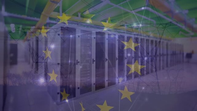 Animation of connections and european union flag over servers