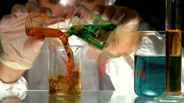 Animation of data processing over caucasian scientist with beaker