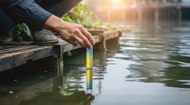 Scientist hand dipping test tube into river water for quality analysis