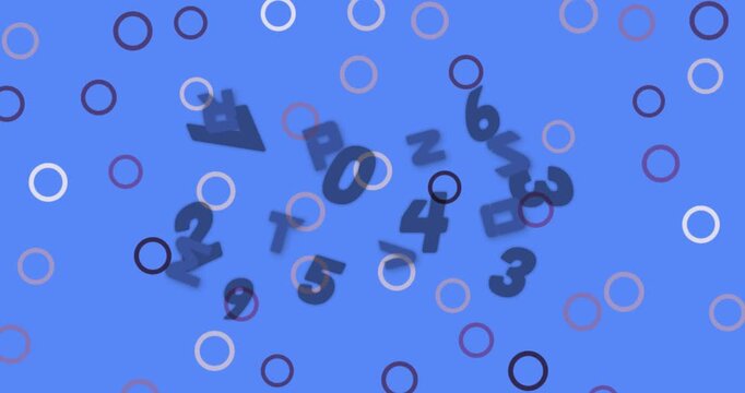 Animation of changing numbers and letters on blue background with circles