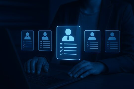 Person uses a laptop, interacting with multiple glowing virtual job application or resume icons in a dark blue digital environment.