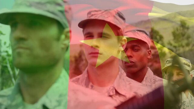 Animation of flag of cameroon over diverse male soldiers